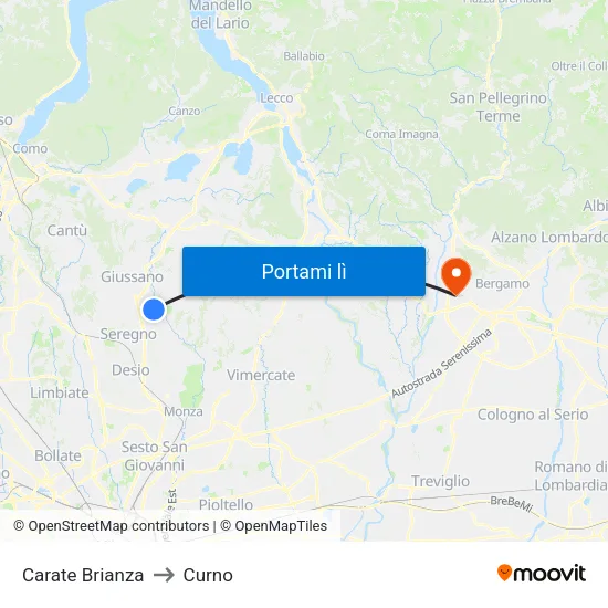 Carate Brianza to Curno map