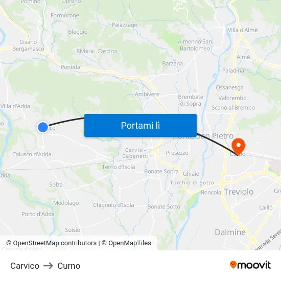 Carvico to Curno map