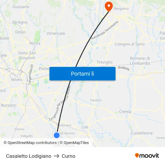 Casaletto Lodigiano to Curno map