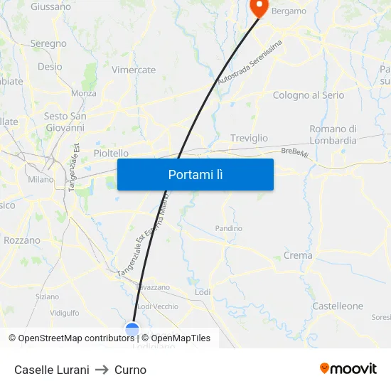 Caselle Lurani to Curno map
