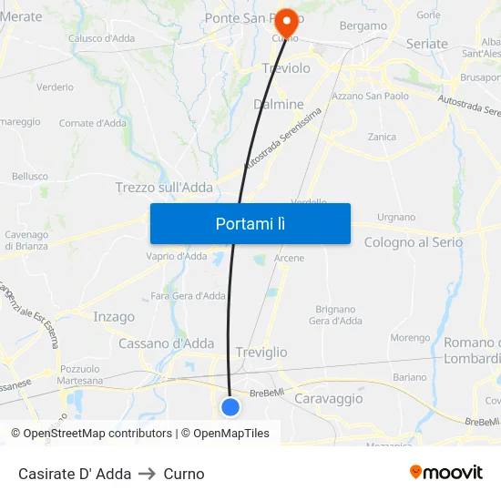 Casirate D' Adda to Curno map