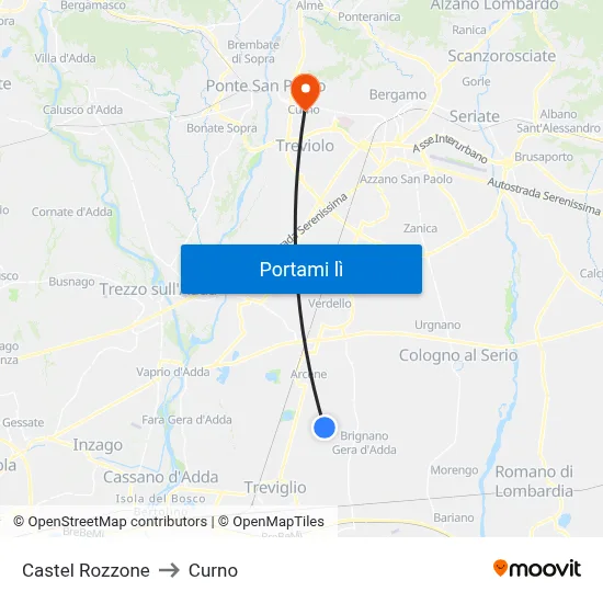 Castel Rozzone to Curno map