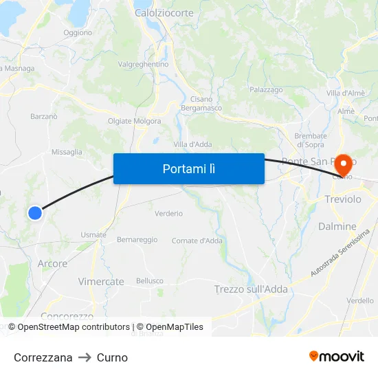 Correzzana to Curno map