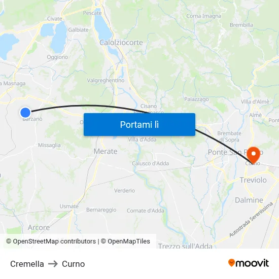 Cremella to Curno map