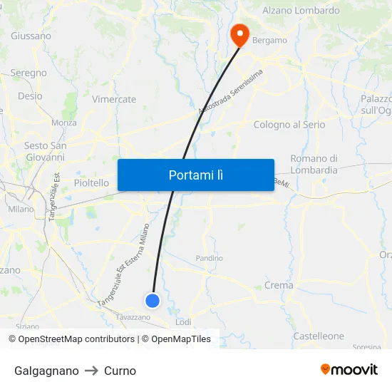 Galgagnano to Curno map