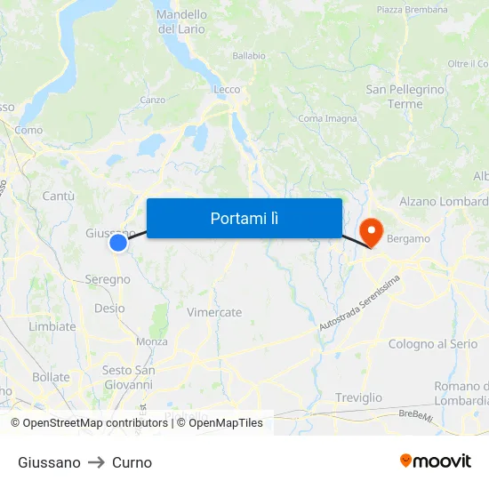 Giussano to Curno map