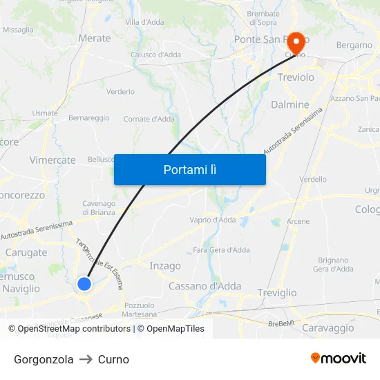 Gorgonzola to Curno map