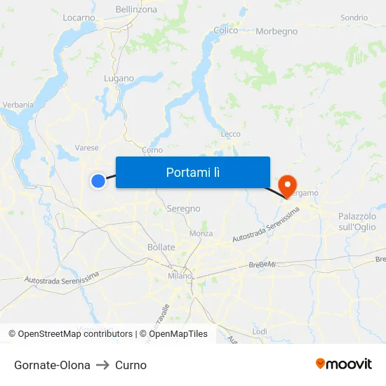 Gornate-Olona to Curno map