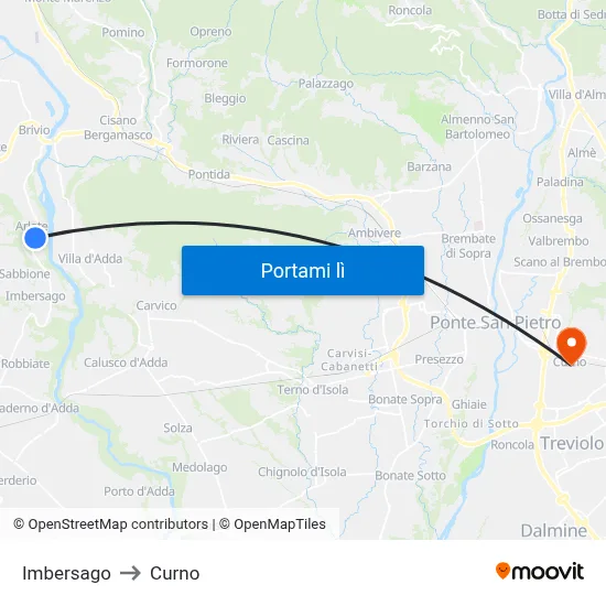 Imbersago to Curno map