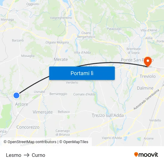 Lesmo to Curno map