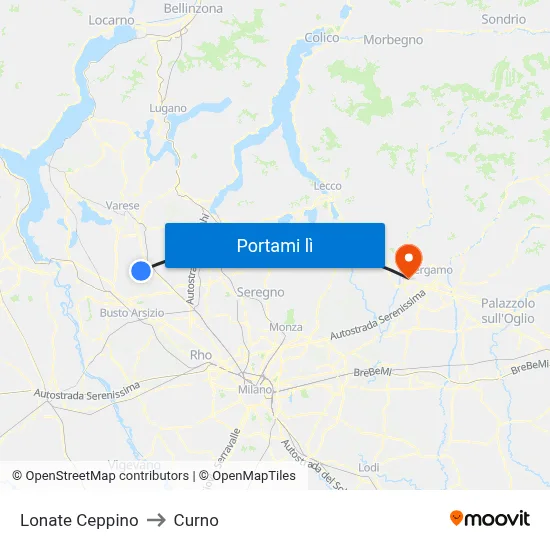 Lonate Ceppino to Curno map