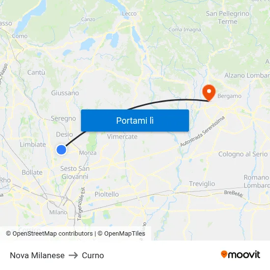 Nova Milanese to Curno map