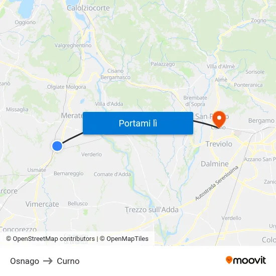 Osnago to Curno map