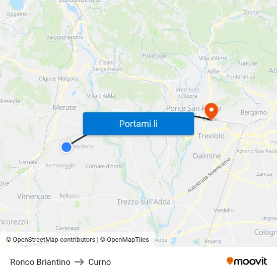 Ronco Briantino to Curno map