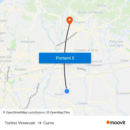 Torlino Vimercati to Curno map