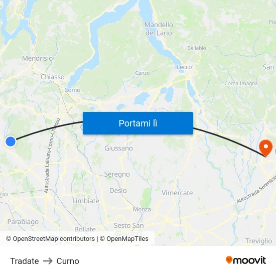 Tradate to Curno map