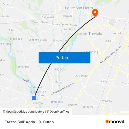 Trezzo Sull' Adda to Curno map
