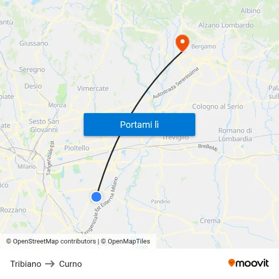 Tribiano to Curno map