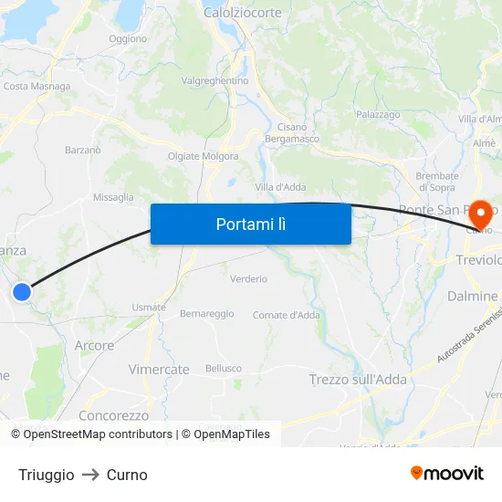 Triuggio to Curno map