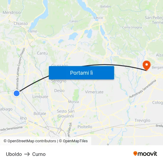 Uboldo to Curno map