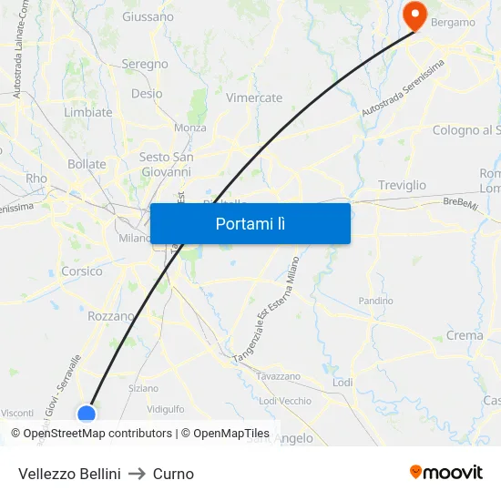Vellezzo Bellini to Curno map