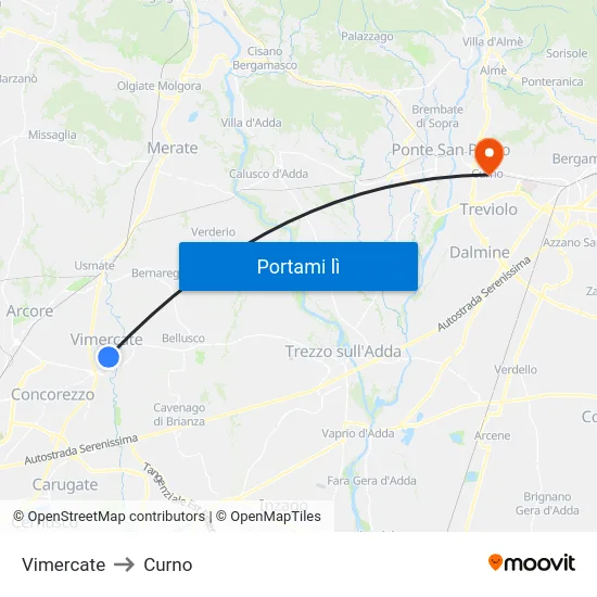 Vimercate to Curno map