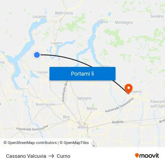 Cassano Valcuvia to Curno map