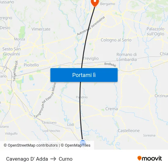 Cavenago D' Adda to Curno map