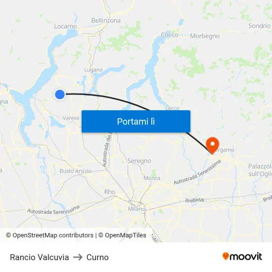 Rancio Valcuvia to Curno map