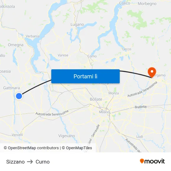 Sizzano to Curno map