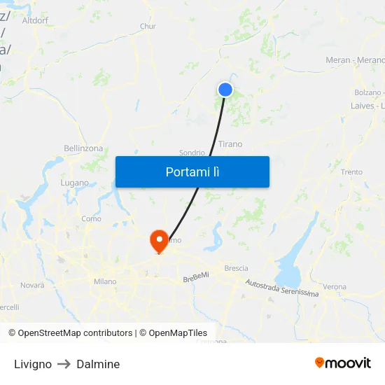 Livigno to Dalmine map