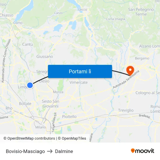 Bovisio-Masciago to Dalmine map