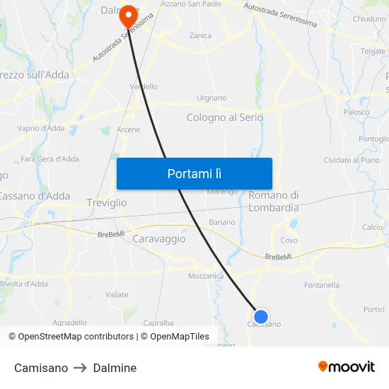 Camisano to Dalmine map