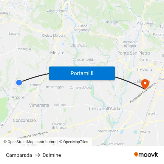 Camparada to Dalmine map