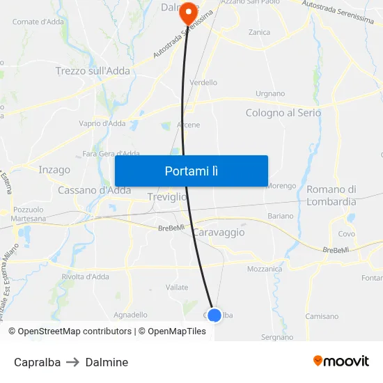 Capralba to Dalmine map