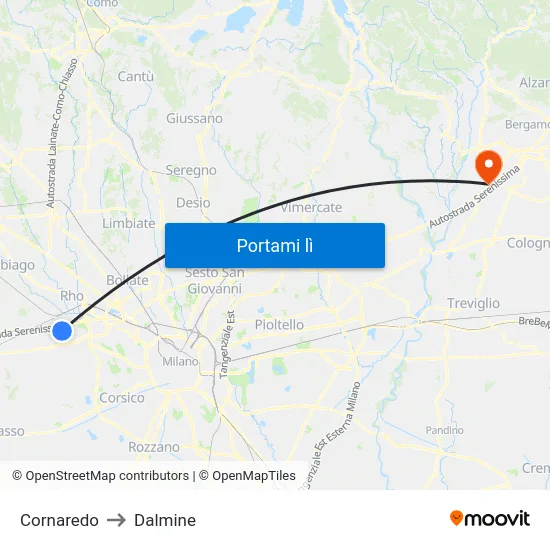 Cornaredo to Dalmine map