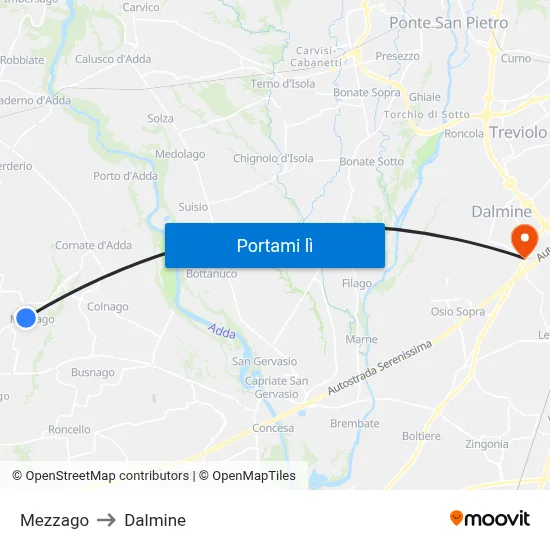 Mezzago to Dalmine map