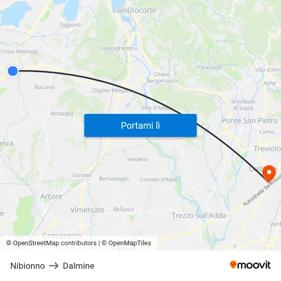 Nibionno to Dalmine map
