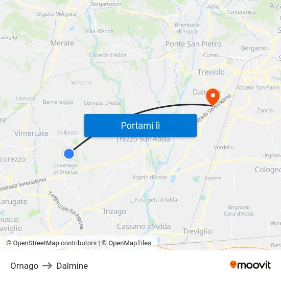 Ornago to Dalmine map