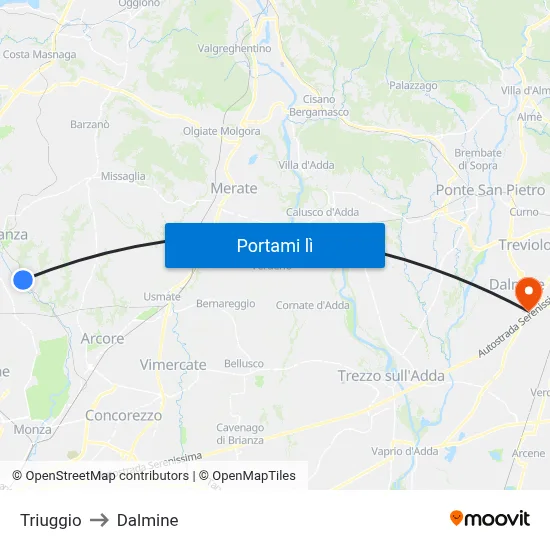 Triuggio to Dalmine map