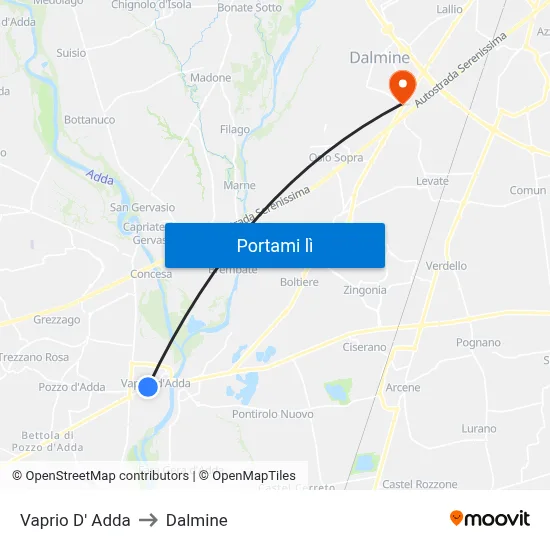 Vaprio D' Adda to Dalmine map