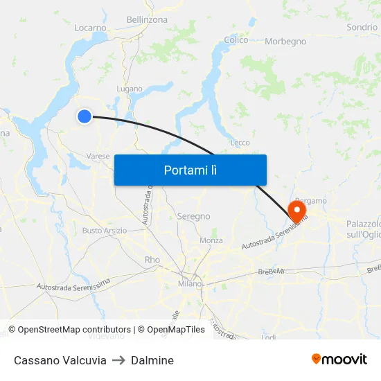 Cassano Valcuvia to Dalmine map