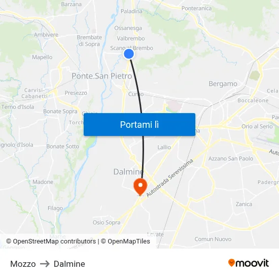 Mozzo to Dalmine map