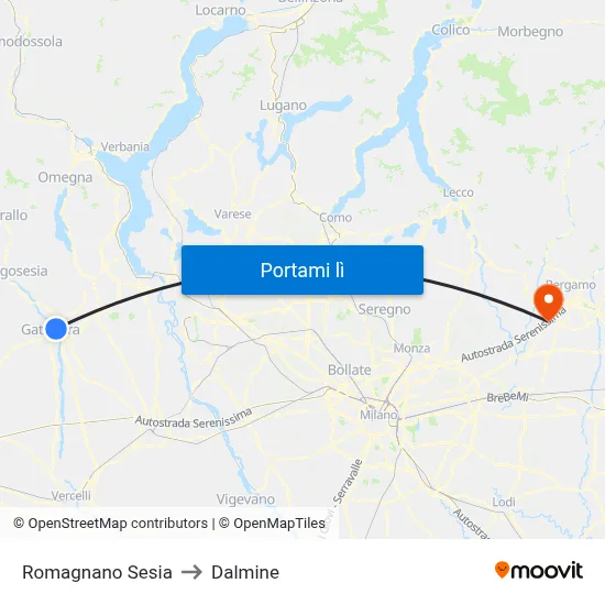 Romagnano Sesia to Dalmine map