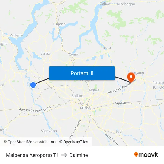 Malpensa Aeroporto T1 to Dalmine map