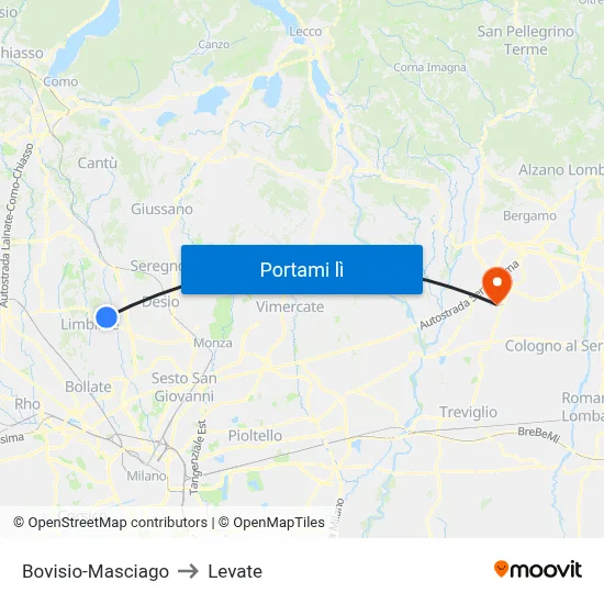 Bovisio-Masciago to Levate map