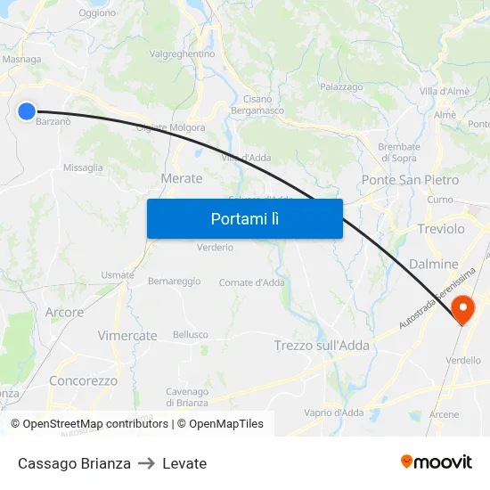 Cassago Brianza to Levate map