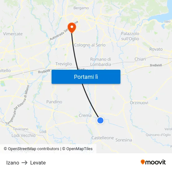 Izano to Levate map