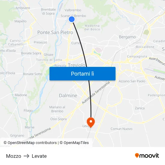 Mozzo to Levate map