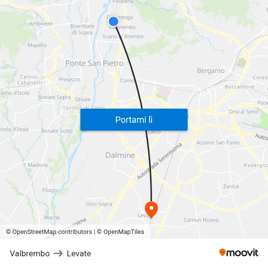 Valbrembo to Levate map